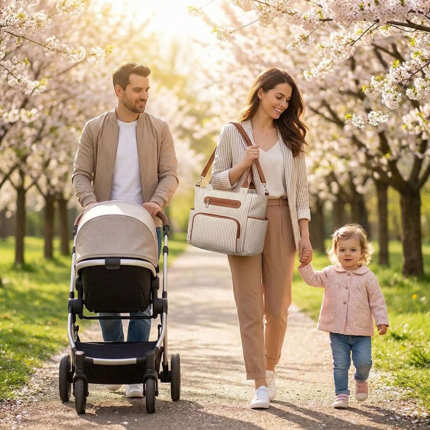 Sac à langer Pack Sérénité porté par une maman lors d’une promenade en famille avec poussette au printemps