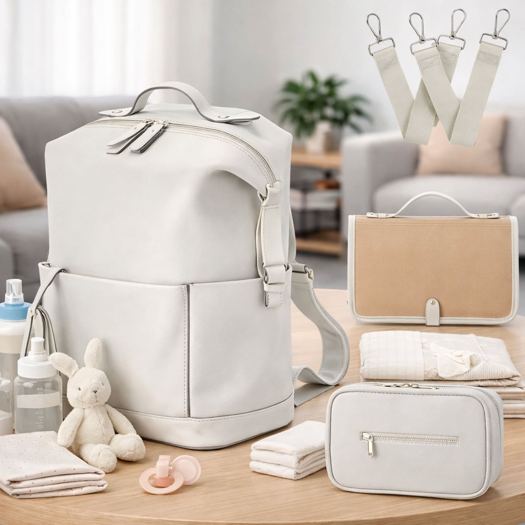sac à langer sac à dos Élégance Urbaine blanc présenté avec ses accessoires sur une table
