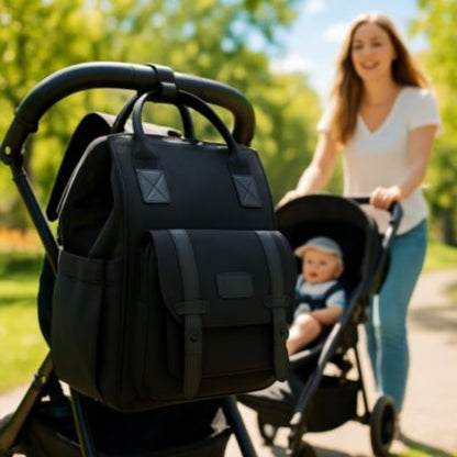 sac a dos a langer noir elegant accroche a la poussette