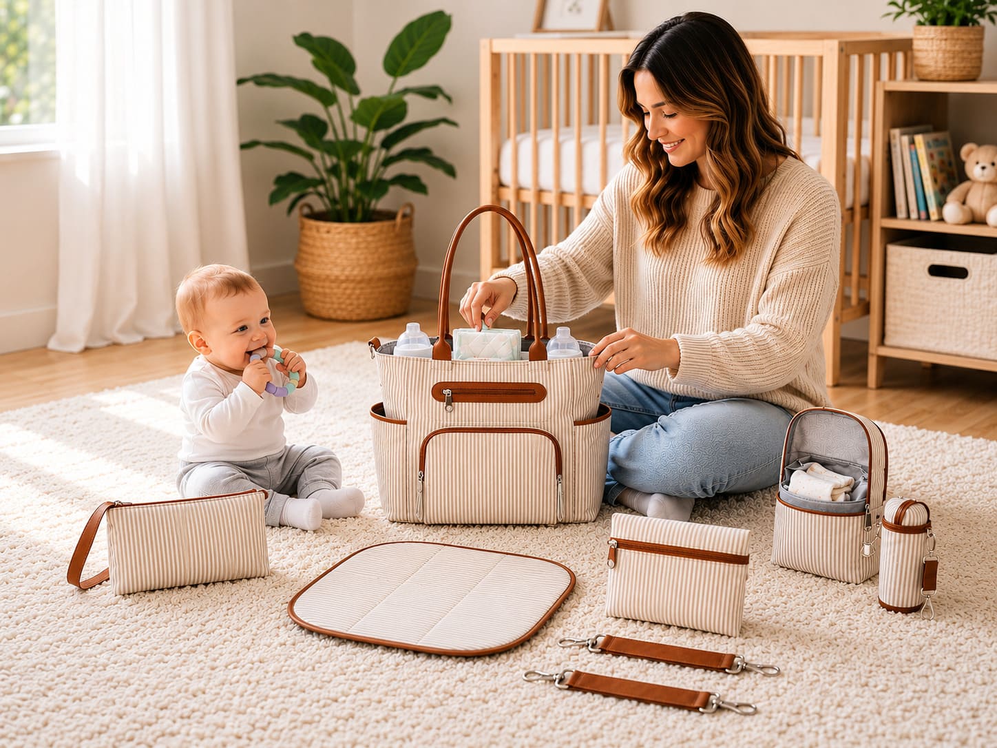 Maman organisant les accessoires du sac à langer multifonction avec accessoires Pack Sérénité dans une chambre de bébé chaleureuse