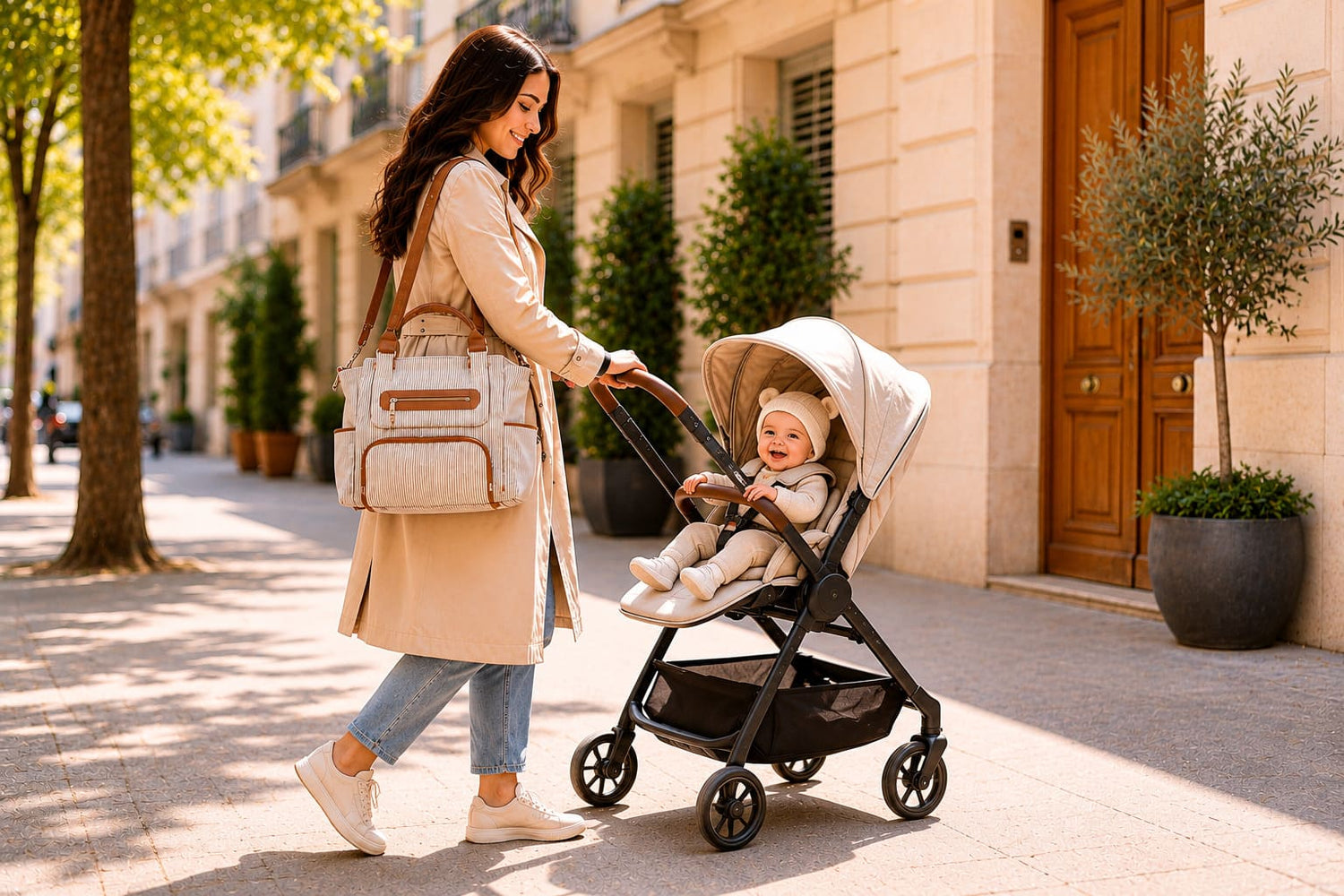 Sac à langer multifonction avec accessoires Pack Sérénité utilisé par une maman avec poussette lors d’une sortie en ville avec bébé