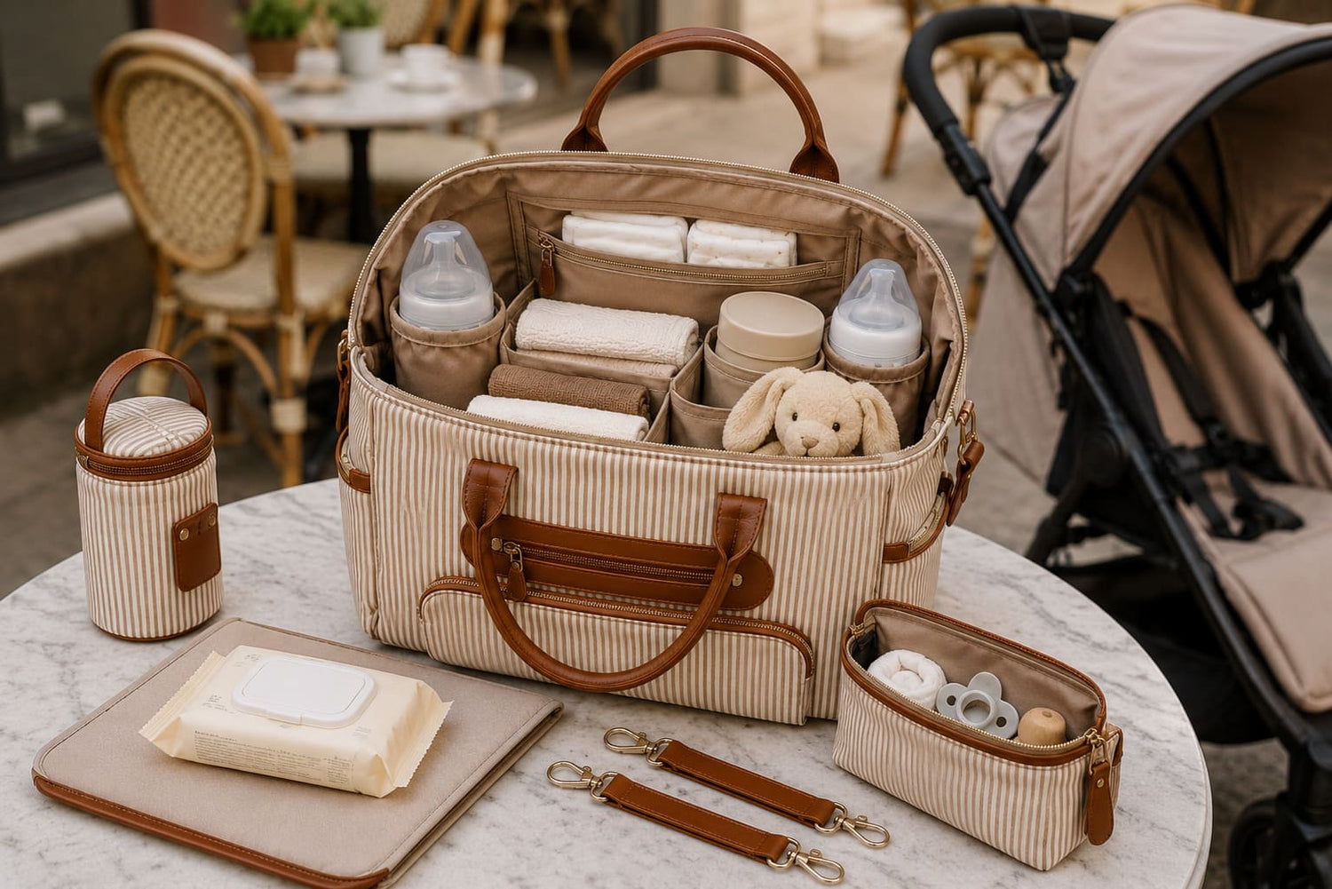 Sac à langer multifonction avec accessoires Pack Sérénité ouvert avec organisation complète des essentiels de bébé