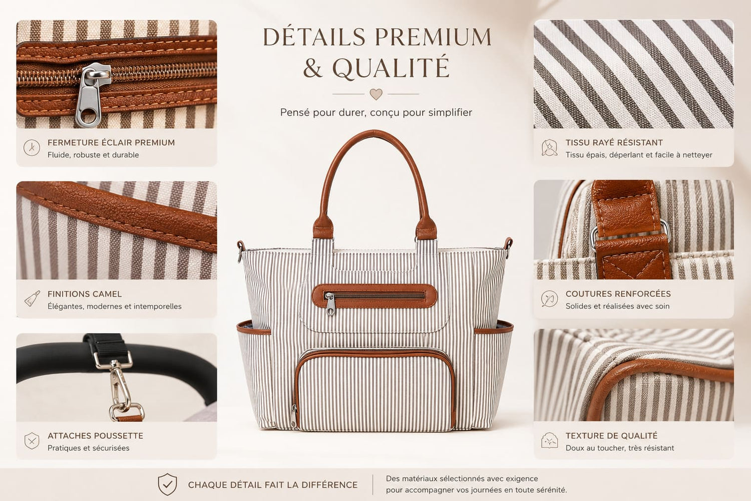 Détails premium et qualité du sac à langer multifonction avec accessoires Pack Sérénité