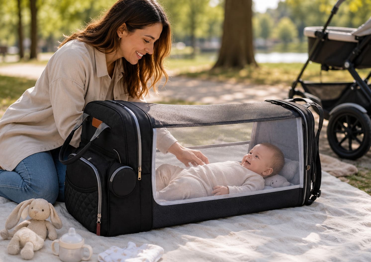 Sac à dos à langer avec lit intégré NidNomade™ utilisé en extérieur avec bébé allongé dans le lit déployé et moustiquaire installée